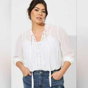 Torrid white Sheer Chiffon Clip Dot Ruffle Neck Tie Front Blouse
